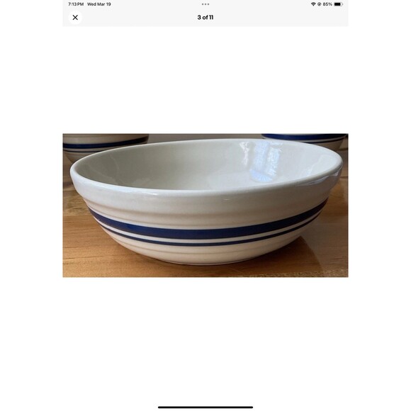 Roseville Ohio Friendship Pottery Nebraska Ivory/Blue Stripe Pasta Serving Bowls - Picture 3 of 11